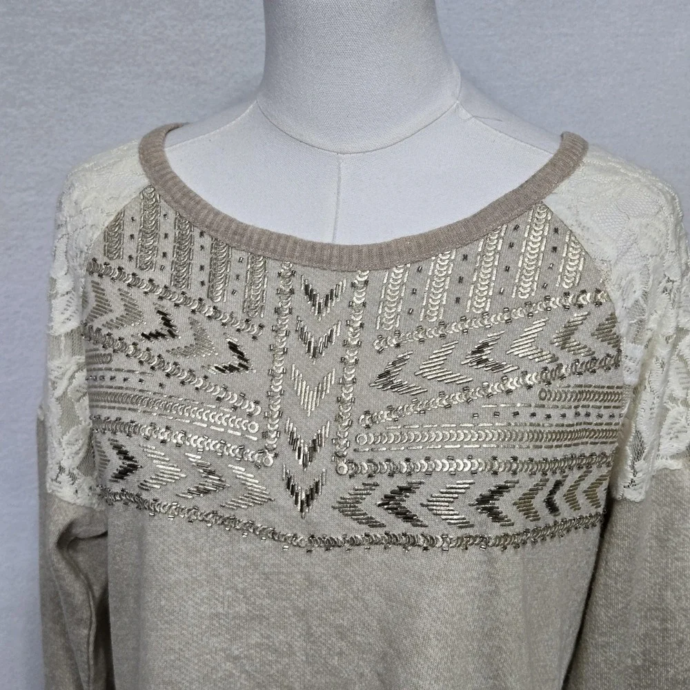 Miss Me Sweater Womens‎ Large Beige Lace Sequin Geometric Raglan Pullover Knit